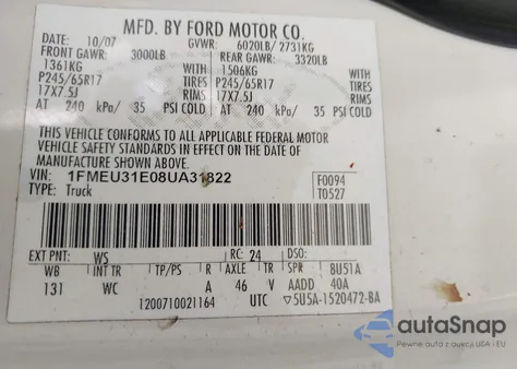 2008 Ford Explorer Sport Trac Xlt from USA, damaged, VIN 1FMEU31E08UA31822